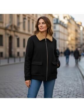Open Edit Black Women's Jacket with Faux Fur Collar